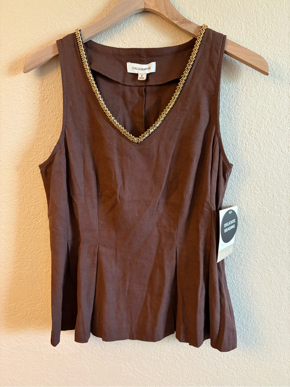 Calligraphy Brown Sleeveless Beaded V-Neck Tank